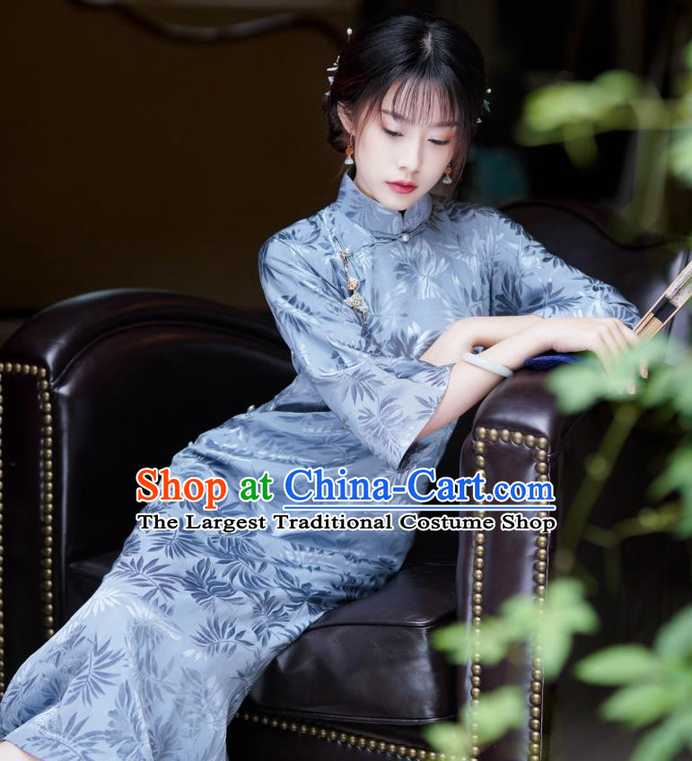 China National Young Lady Clothing Traditional Blue Silk Cheongsam Classical Stand Collar Qipao Dress