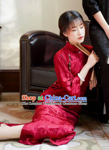 China Red Silk Cheongsam Traditional Stand Collar Qipao Dress Classical Wedding Clothing
