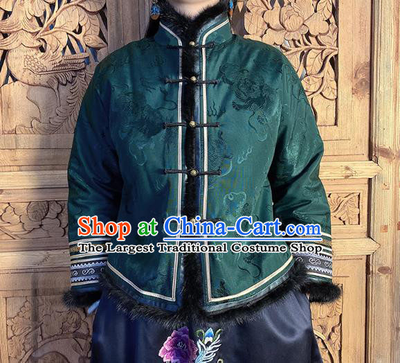 Chinese Green Silk Cotton Wadded Jacket Traditional Tang Suit Overcoat Woman Embroidered Short Coat