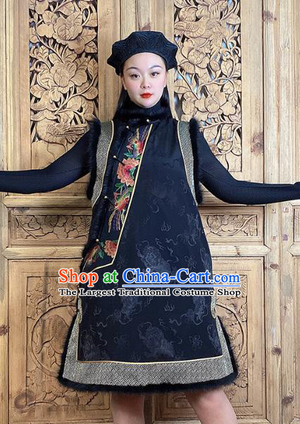 Chinese Cotton Wadded Waistcoat Traditional Tang Suit Clothing Woman Embroidered Black Silk Long Vest