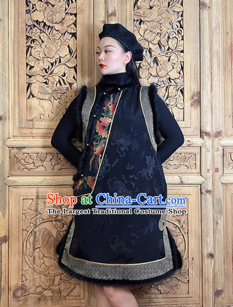 Chinese Cotton Wadded Waistcoat Traditional Tang Suit Clothing Woman Embroidered Black Silk Long Vest