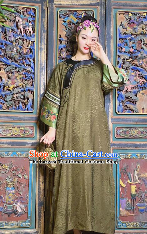 China Loose Cheongsam Hand Embroidered Olive Green Silk Qipao Dress National Women Costume