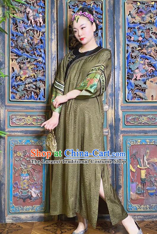 China Loose Cheongsam Hand Embroidered Olive Green Silk Qipao Dress National Women Costume