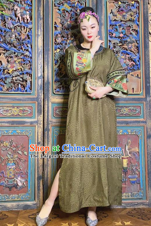China Loose Cheongsam Hand Embroidered Olive Green Silk Qipao Dress National Women Costume