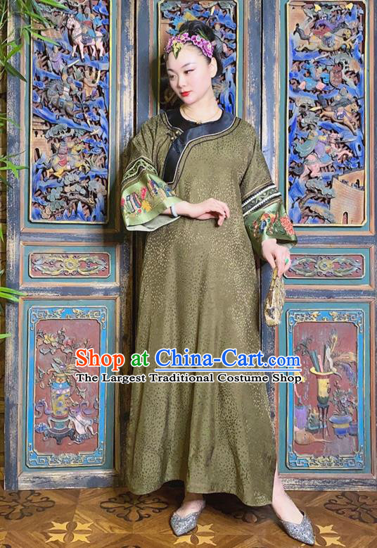 China Loose Cheongsam Hand Embroidered Olive Green Silk Qipao Dress National Women Costume
