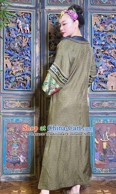 China Loose Cheongsam Hand Embroidered Olive Green Silk Qipao Dress National Women Costume