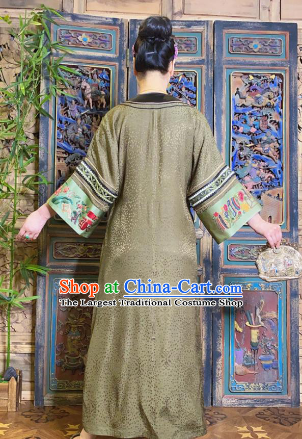 China Loose Cheongsam Hand Embroidered Olive Green Silk Qipao Dress National Women Costume