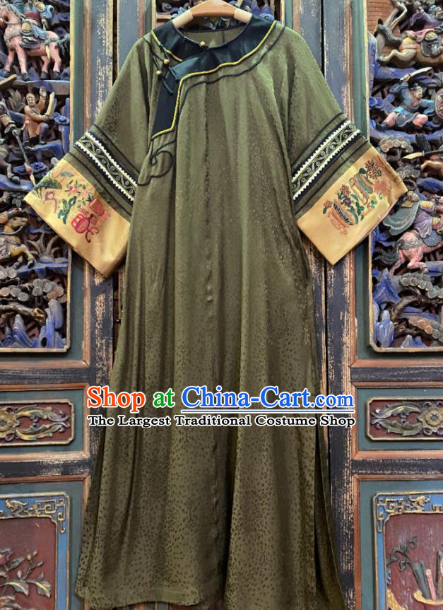 China Loose Cheongsam Hand Embroidered Olive Green Silk Qipao Dress National Women Costume