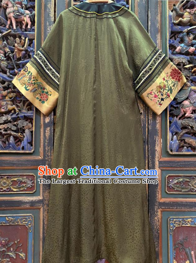 China Loose Cheongsam Hand Embroidered Olive Green Silk Qipao Dress National Women Costume
