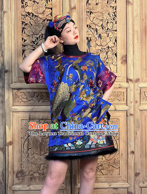 China Traditional Embroidered Flowers Bird Royalblue Silk Dress National Ethnic Clothing