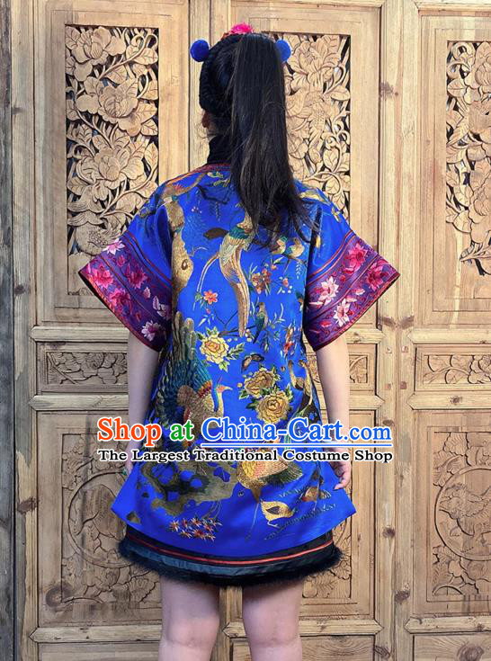 China Traditional Embroidered Flowers Bird Royalblue Silk Dress National Ethnic Clothing