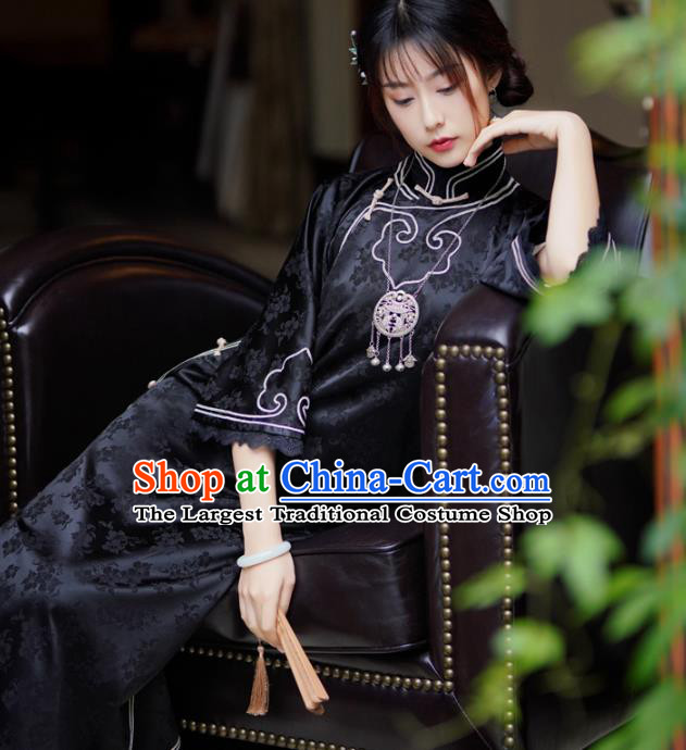 Republic of China Traditional Black Silk Qipao Dress Classical Clothing Rich Lady Cheongsam