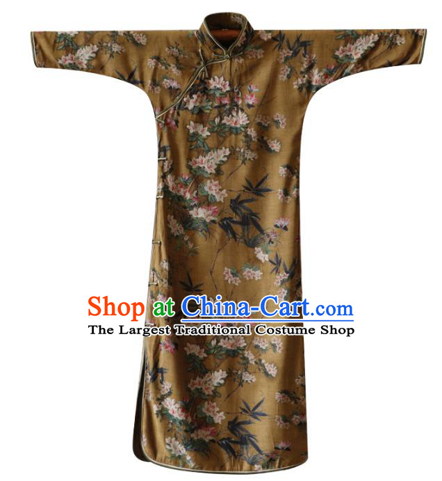 Republic of China Traditional Printing Flowers Deep Brown Qipao Dress Classical Young Beauty Cheongsam