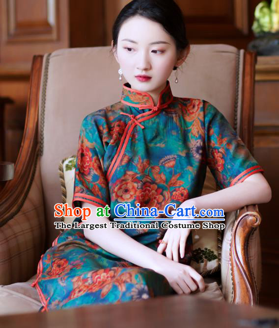 Republic of China Young Mistress Cheongsam Traditional Printing Blue Qipao Dress Clothing