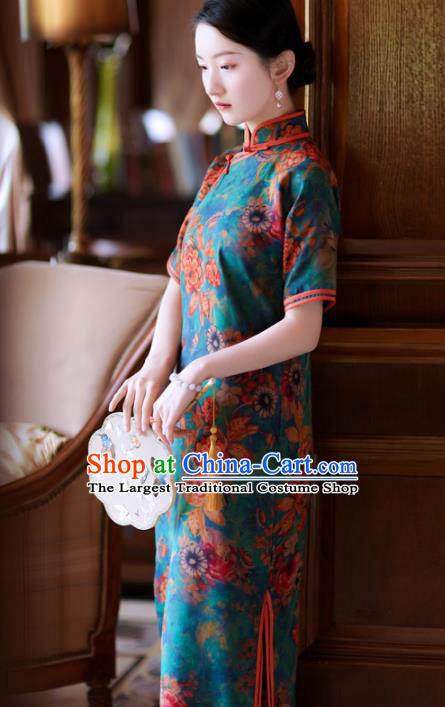 Republic of China Young Mistress Cheongsam Traditional Printing Blue Qipao Dress Clothing