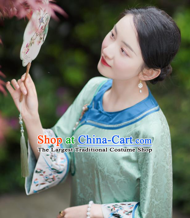 China Classical Wide Sleeve Cheongsam Clothing Traditional Embroidered Light Green Silk Qipao Dress
