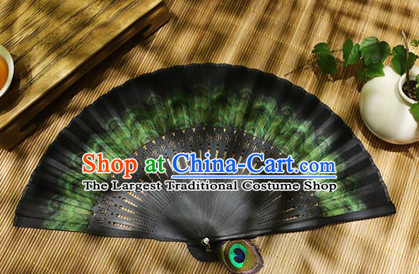 Chinese Handmade Folding Fan Classical Peacock Feather Pattern Fan Silk Accordion