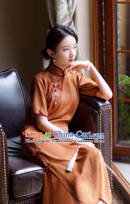 Republic of China Classical Cheongsam Traditional Young Lady Orange Silk Qipao Dress