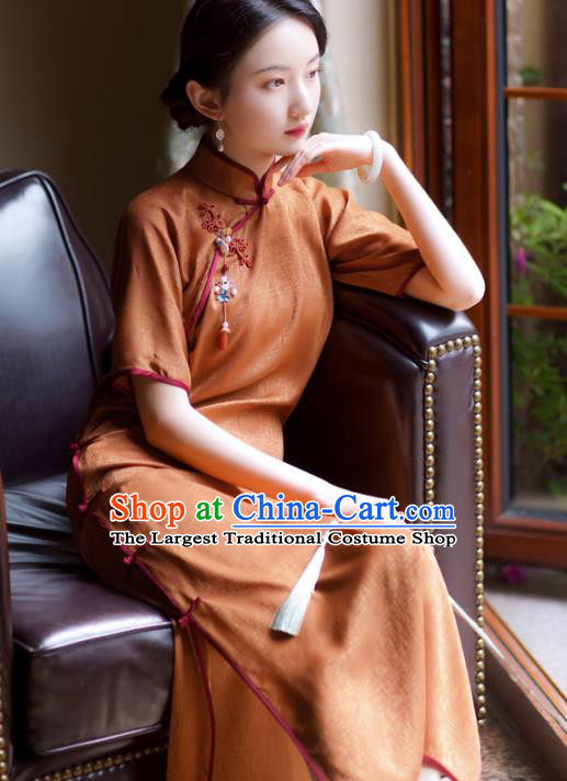 Republic of China Classical Cheongsam Traditional Young Lady Orange Silk Qipao Dress