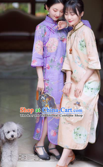 Republic of China Traditional Young Lady Apricot Qipao Dress Classical Printing Flowers Cheongsam