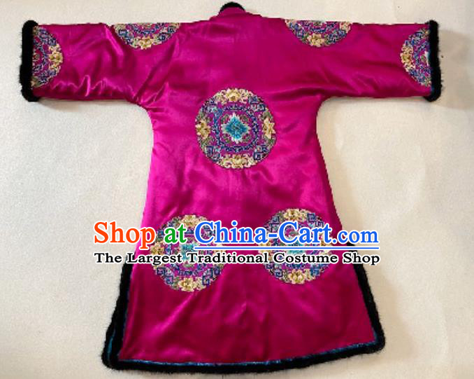 Chinese Winter Outer Garment Cotton Wadded Coat National Costume Embroidered Rosy Silk Dust Coat