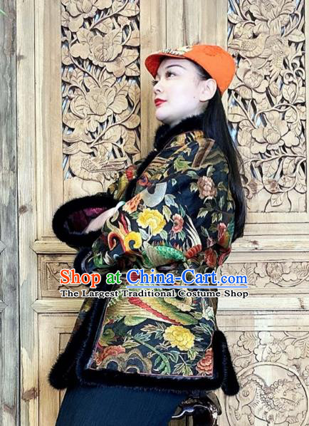 Chinese Traditional Embroidered Black Silk Clothing Woman Embroidered Phoenix Cotton Wadded Jacket
