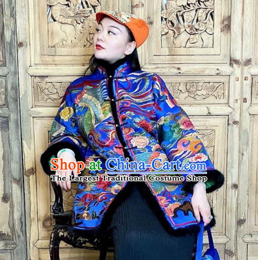 Chinese Woman Embroidered Phoenix Cotton Wadded Coat Traditional Tang Suit Blue Silk Clothing