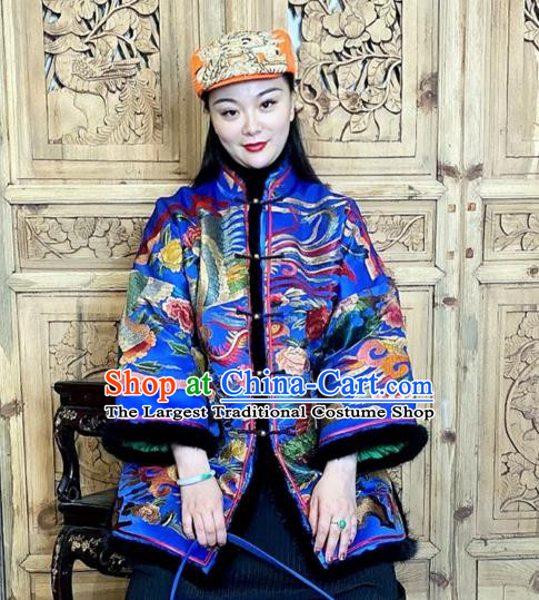 Chinese Woman Embroidered Phoenix Cotton Wadded Coat Traditional Tang Suit Blue Silk Clothing