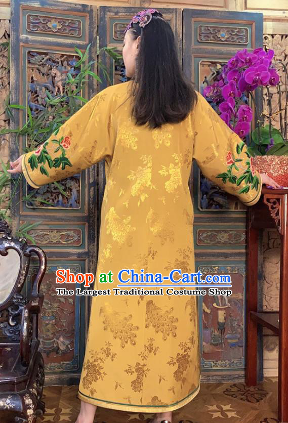 Chinese Traditional Embroidered Long Gown Clothing Embroidered Peacock Peony Yellow Silk Dust Coat