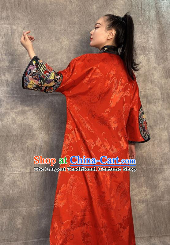 Chinese Embroidered Red Silk Coat Traditional Women Clothing Long Gown Outer Garment