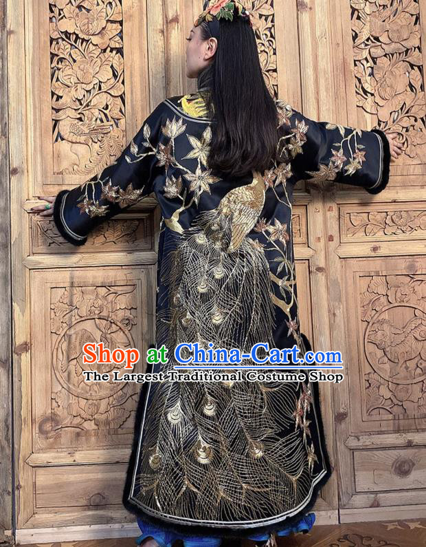 Chinese Traditional National Clothing Women Winter Outer Garment Embroidered Peacock Black Silk Dust Coat