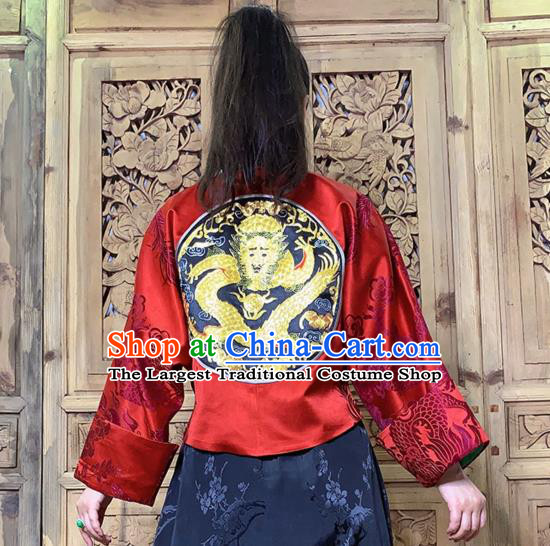 Chinese Tang Suit Upper Outer Garment Traditional Embroidered Red Silk Jacket