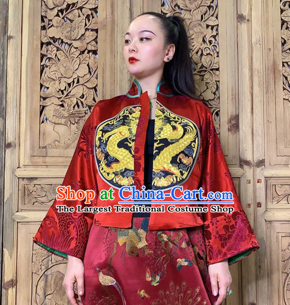 Chinese Tang Suit Upper Outer Garment Traditional Embroidered Red Silk Jacket