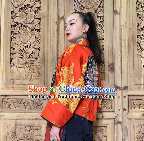 Chinese Traditional Embroidered Red Silk Jacket Tang Suit Outer Garment