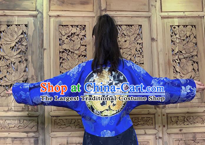 Chinese National Costume Tang Suit Outer Garment Traditional Embroidered Lotus Fish Blue Silk Jacket