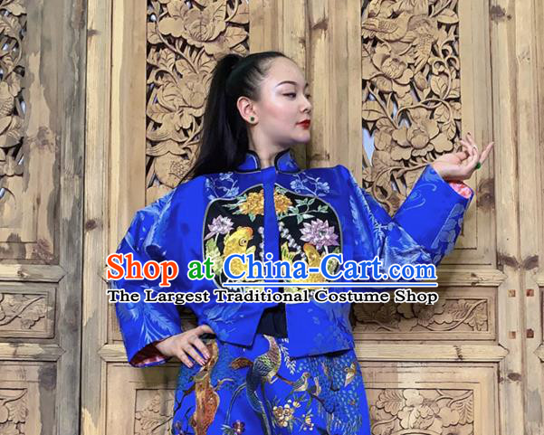 Chinese National Costume Tang Suit Outer Garment Traditional Embroidered Lotus Fish Blue Silk Jacket