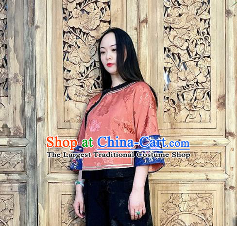 Chinese Tang Suit Upper Outer Garment Embroidered Cheongsam Shirt Traditional Light Red Silk Blouse