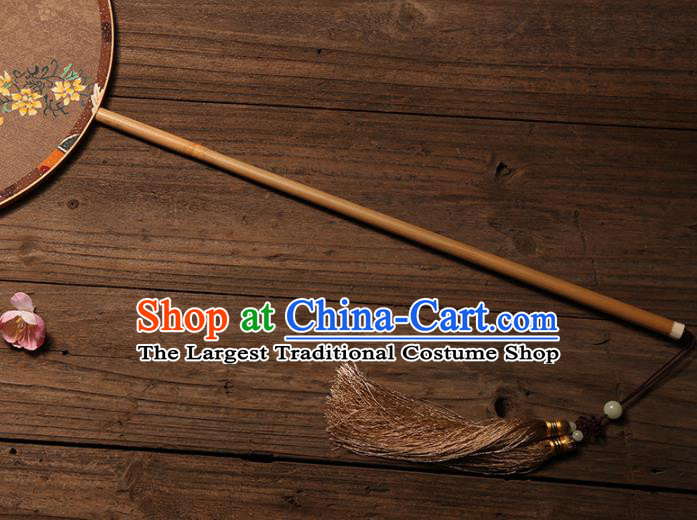 China Traditional Song Dynasty Princess Circular Fan Classical Palace Fan Handmade Brown Silk Fan