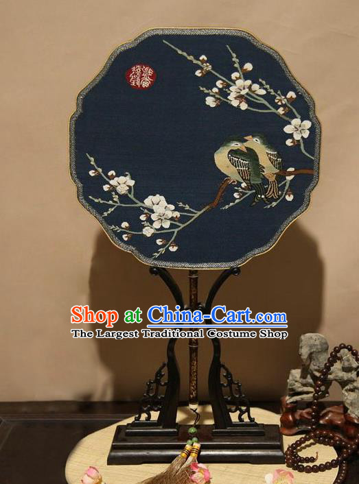 China Traditional Palace Fan Handmade Suzhou Craft Fan Classical Plum Blossom Pattern Navy Silk Fan