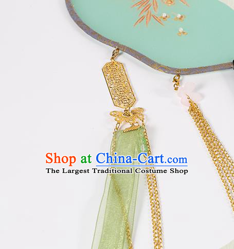 China Traditional Ming Dynasty Princess Fan Classical Silk Fan Handmade Green Ribbon Tassel Palace Fan