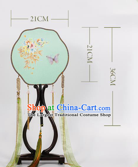 China Traditional Ming Dynasty Princess Fan Classical Silk Fan Handmade Green Ribbon Tassel Palace Fan