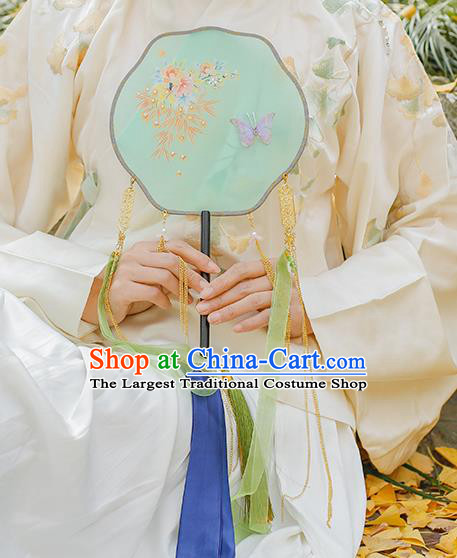 China Traditional Ming Dynasty Princess Fan Classical Silk Fan Handmade Green Ribbon Tassel Palace Fan