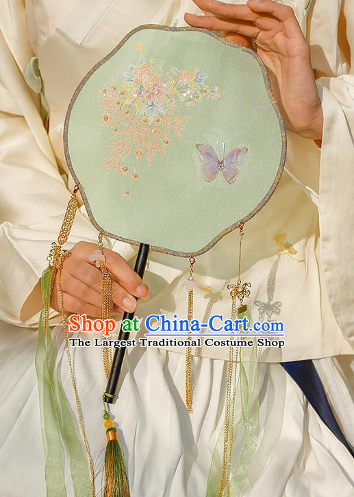 China Traditional Ming Dynasty Princess Fan Classical Silk Fan Handmade Green Ribbon Tassel Palace Fan