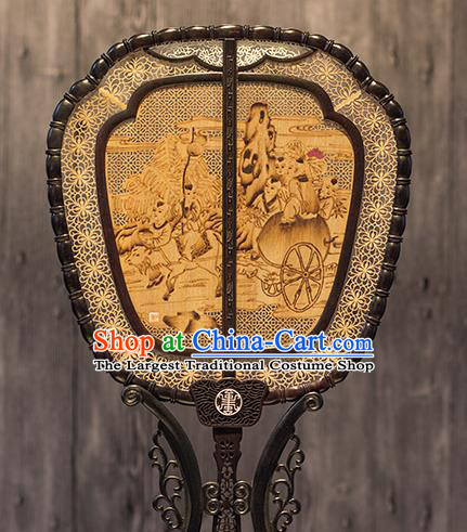 China Traditional Carving Wood Fan Classical Lucky Immortal Pattern Palace Fan Handmade Hollow Rosewood Fan