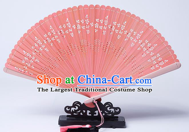 Chinese Handmade Hollow Fan Traditional Pink Bamboo Accordion Classical Folding Fan