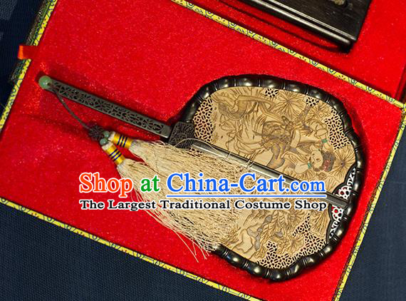 China Classical Beauty Xi Shi Pattern Palace Fan Handmade Hollow Rosewood Fan Traditional Carving Wood Fan