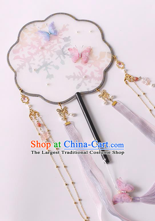 China Handmade Palace Fan Traditional Jin Dynasty Princess Silk Fan Classical Ribbon Tassel Fan