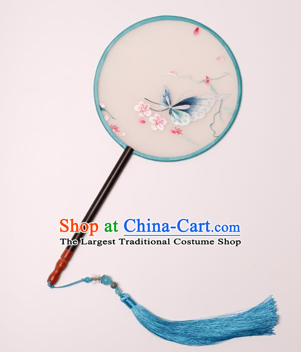 China Traditional Hanfu Silk Circular Fan Handmade Embroidered Butterfly Plum Fan Classical Palace Fan