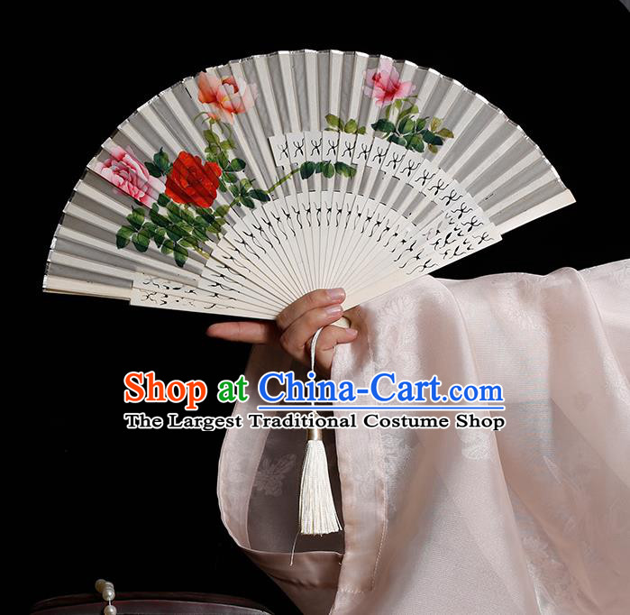 Chinese Hand Painting Rose Folding Fan Classical Fan Hollow Bones Accordion