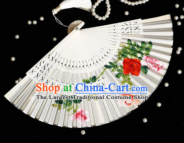 Chinese Hand Painting Rose Folding Fan Classical Fan Hollow Bones Accordion